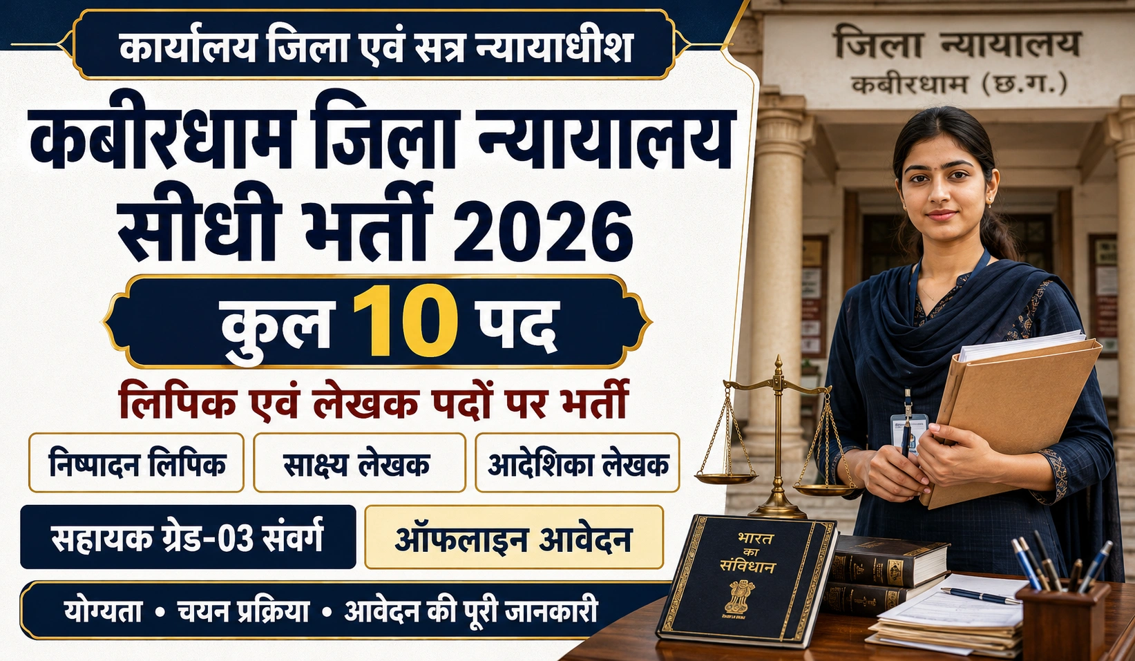 Kabirdham District Court Vacancy 2026: CG District Court Recruitment 2026 के अंतर्गत लिपिक और लेखक पदों पर सीधी भर्ती, यहाँ देखें पूरी जानकारी Apply Now Best Job