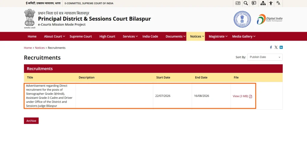 Bilaspur District Court Vacancy 2026