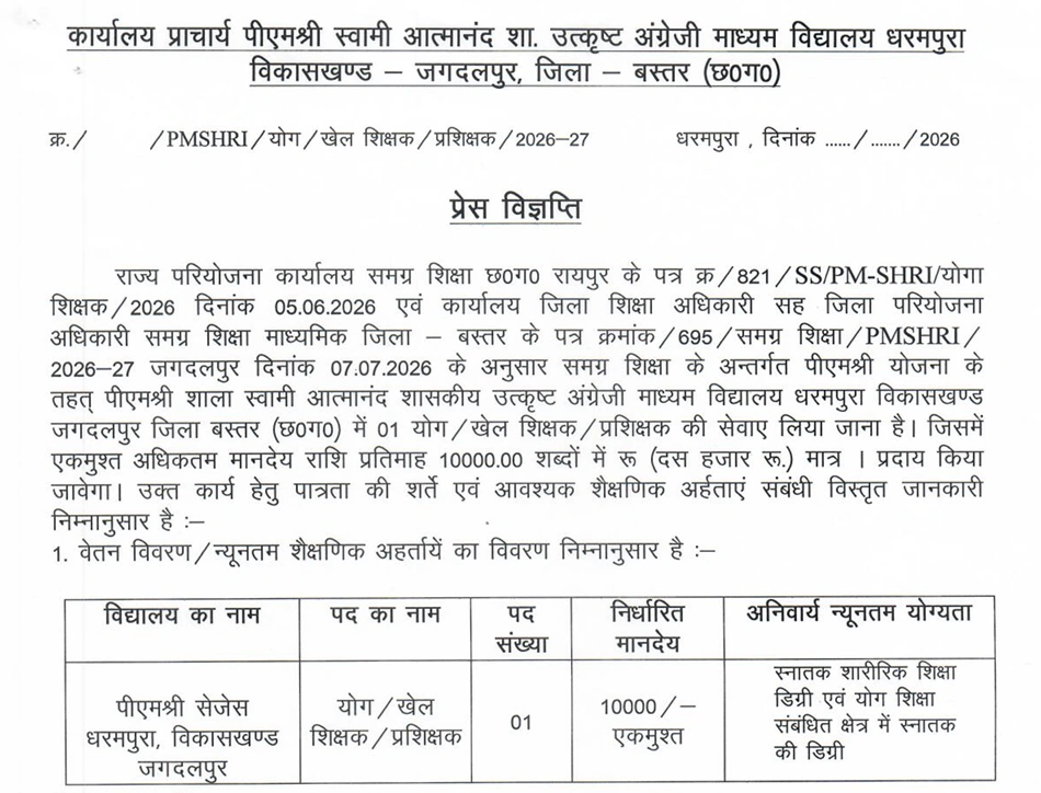 Swami Atmanand School Vacancy 2026